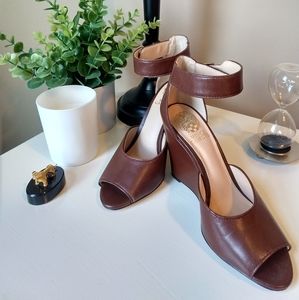 Vince Camuto Marnie Brown Leather Wedge Sandal, Ankle Strap